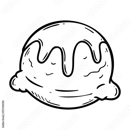 Line art of ice cream scoop with dripping topping. Vector hand-drawn doodle illustration