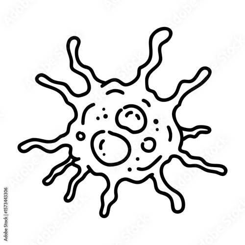 Hand-drawn illustration of a bacterium with wavy flagella and circular nuclei. Vector hand-drawn doodle illustration