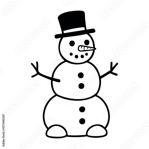 Cheerful snowman with top hat and stick arms. Vector hand-drawn doodle illustration