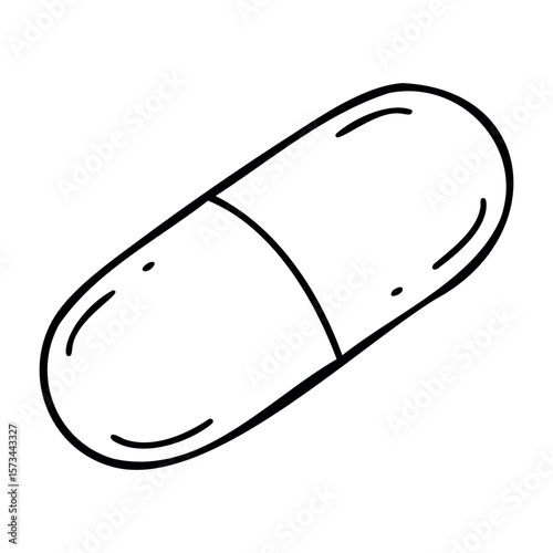 Simple black outline of a capsule pill design for medical and health contexts. Vector hand-drawn doodle illustration