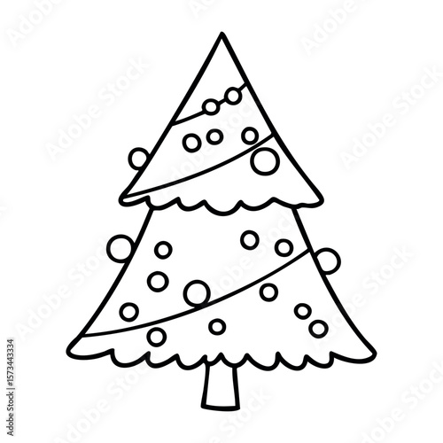 Simple christmas tree outline with ornaments for kids' coloring activities. Vector hand-drawn doodle illustration