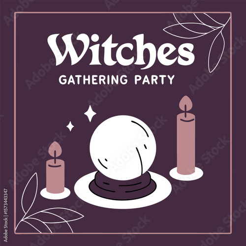 Mystical witches gathering party invitation featuring a crystal ball and candles with decorative foliage and sparkling stars on a dark purple background