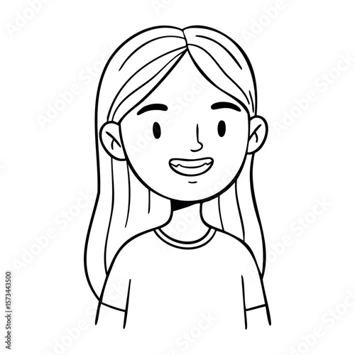 Smiling hispanic female child cartoon character with long hair in t-shirt. Vector hand-drawn doodle illustration
