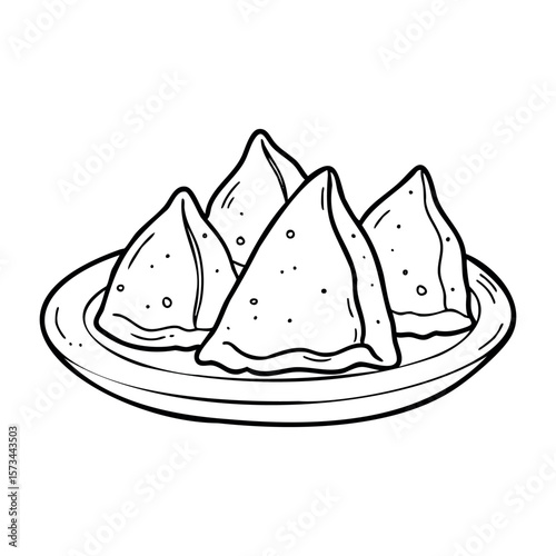 Hand-drawn illustration of traditional samosas on a plate. Vector hand-drawn doodle illustration