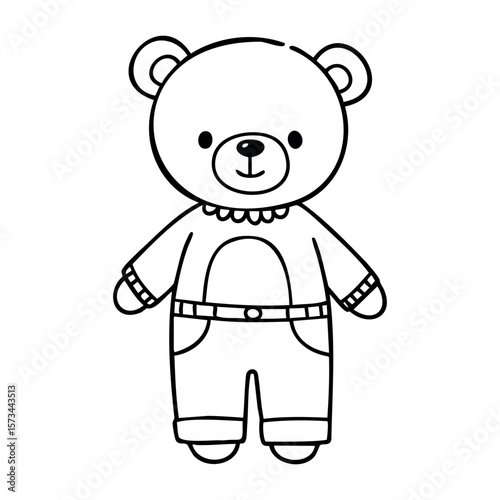 Cute cartoon teddy bear in overalls line drawing for kids. Vector hand-drawn doodle illustration
