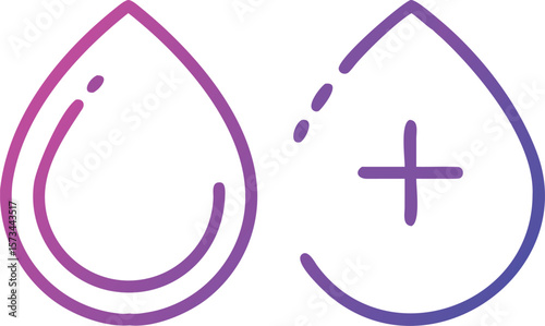 Two Gradient Purple Blood Drop Line Art Icons One Featuring a Plus Sign One Without Blood Drop Splashes Vector Illustration