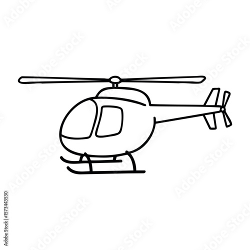 Simple black outline of a helicopter with rotor blades and skids. Vector hand-drawn doodle illustration