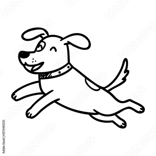 Happy cartoon dog in motion with collar and energetic expression. Vector hand-drawn doodle illustration