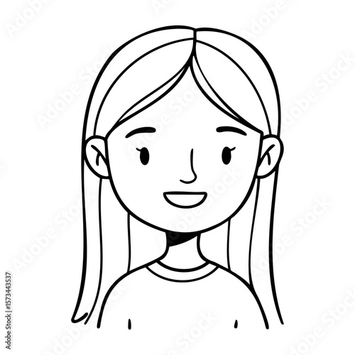 Smiling young asian female cartoon character with long hair. Vector hand-drawn doodle illustration