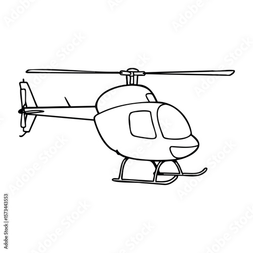 Outline drawing of a helicopter with rotor blades and skids. Vector hand-drawn doodle illustration
