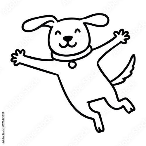 Happy cartoon dog jumping with joy and playfulness in simple line art. Vector hand-drawn doodle illustration