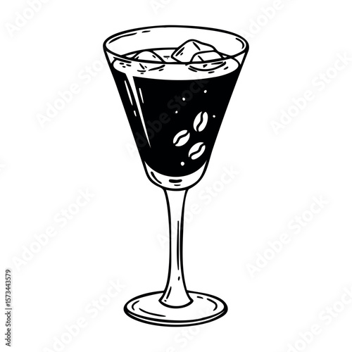 Elegant martini glass with iced coffee and coffee beans. Vector hand-drawn doodle illustration