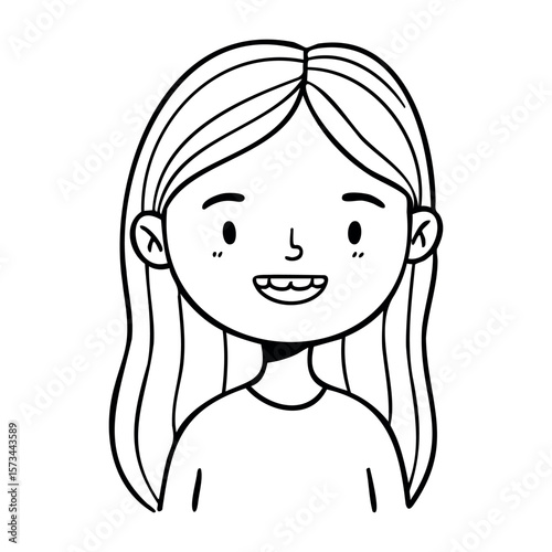 Cartoon illustration of a smiling young female child with long hair. Vector hand-drawn doodle illustration