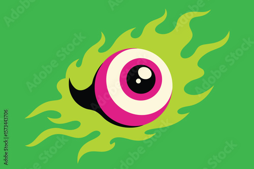 Vibrant Retro Style Cartoon Eye Graphic Lime Green Flames Bold Pink and Black Accents on Green Background Psychedelic Design Element