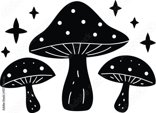 Whimsical Black and White Mushroom Trio with White Spots and Four Stars Simple Fungi Illustration