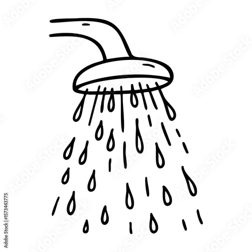 Hand-drawn showerhead spraying water drops in simple design. Vector hand-drawn doodle illustration