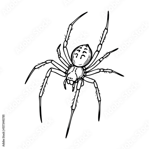 Detailed line drawing of a spider with long legs and distinctive features. Vector hand-drawn doodle illustration