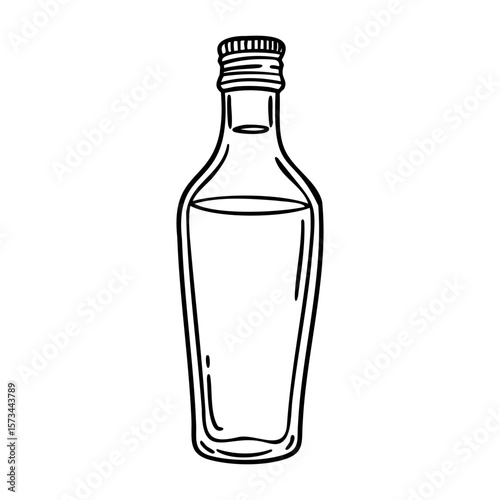 Simple line drawing of an empty glass bottle in black and white. Vector hand-drawn doodle illustration