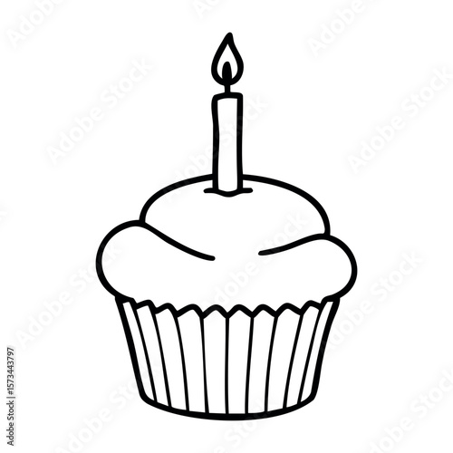 Outline of a cupcake with a lit candle for birthday celebrations. Vector hand-drawn doodle illustration