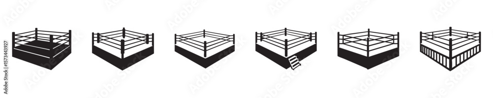 Set of black silhouettes of boxing rings in various styles, isolated on white background, graphic illustration. concept of sports, championship, martial arts, icon, logo, design element Set of black silhouettes of boxing rings in various styles, isolated on white background, graphic illustration. concept of sports, championship, martial arts, icon, logo, design element