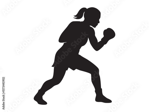 Black silhouette of female boxer in fighting stance, isolated on white background, graphic illustration. concept of athlete, boxing, female strength, martial arts, icon, logo