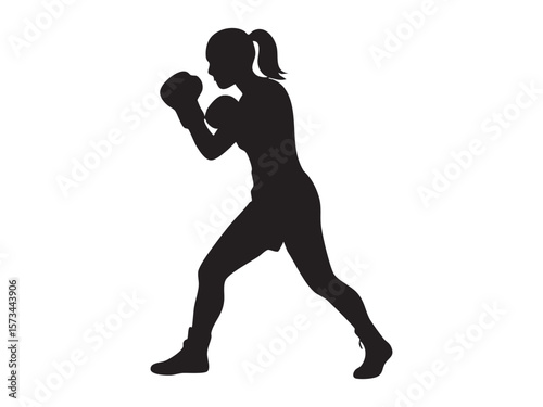 Black silhouette of female boxer in fighting pose, isolated on white background, graphic illustration. concept of boxing, fitness, martial arts, athlete, icon, logo, design element