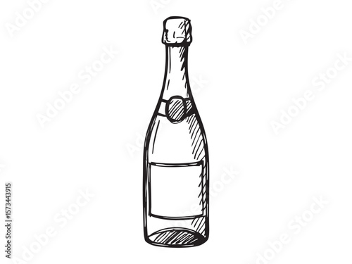 Hand-drawn illustration of champagne bottle in black and white on white background. concept of celebration, party, beverage, festive drink, wine, isolated, icon, design element