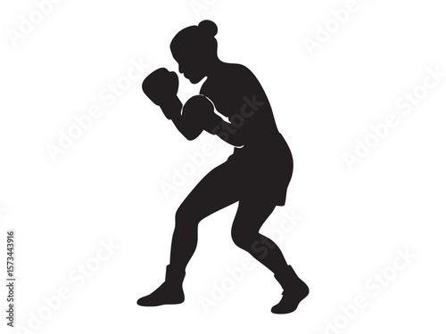 Black silhouette of female boxer throwing punch, isolated on white background, graphic illustration. concept of women in sports, fitness, self-defense, athletic pose, icon, logo
