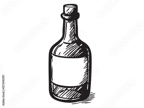 Black outline of vintage rum bottle with cork isolated on white background, graphic illustration. concept of icon, logo, beverage container, old-fashioned design element