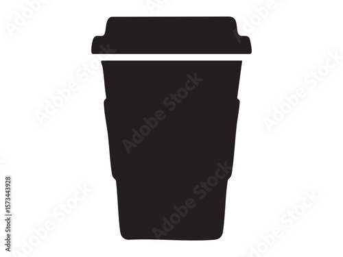 Black silhouette of a takeout coffee cup with lid isolated on white background, graphic illustration. concept of beverage container, disposable cup, takeaway drink, icon, logo, design element