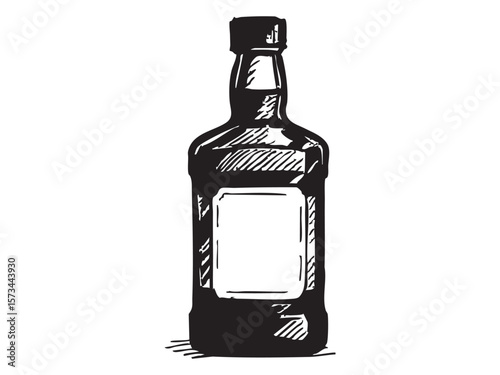 Black sketch of whiskey glass bottle isolated on white background, hand-drawn illustration. concept of container, beverage, alcoholic drink, icon, logo, vintage, design element
