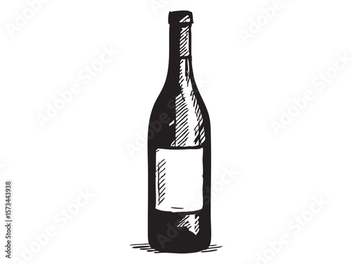 Black sketch of wine bottle, isolated on white background, graphic illustration. concept of beverage, drink, alcohol, bar, party, wine tasting, design element, logo, icon