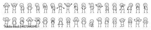 Set of black stick figure men with different emotions and gestures isolated on white background. Concept of mood, feelings, comic character design, emotion collection, cartoon doodle elements