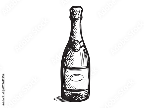 Black and white sketch of champagne bottle, isolated on white background, graphic illustration. concept of celebration, wine, elegant beverage, party drink, design element