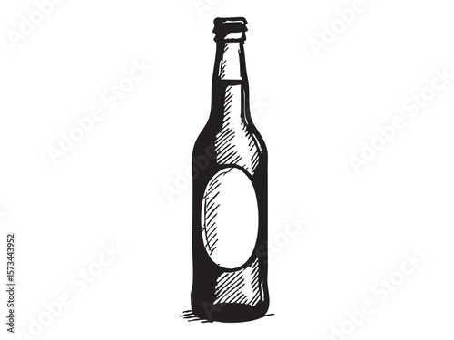 Black and white sketch of vodka bottle isolated on white background, graphic illustration. concept of beverage container, drink, glass bottle, minimalist art, design element