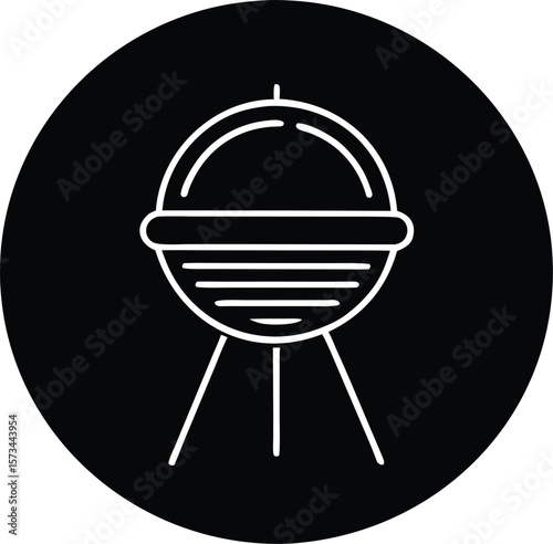 White Outline Neon Glowing Kettle Barbecue Grill Icon on Black Circular Background Simple Minimalist Design