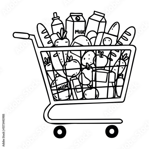 Shopping cart filled with groceries and essentials. Vector hand-drawn doodle illustration
