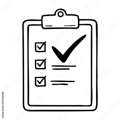 Hand-drawn checklist with checkmarks on a clipboard. Vector hand-drawn doodle illustration