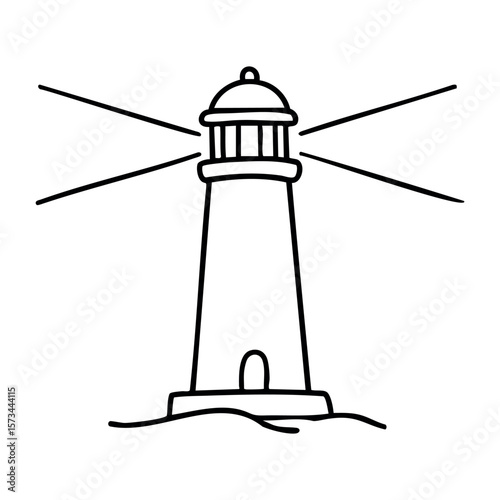 Minimalist lighthouse illustration with light beams on waves. Vector hand-drawn doodle illustration