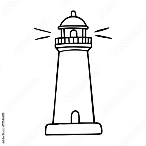 Simple black and white outline drawing of a lighthouse structure. Vector hand-drawn doodle illustration