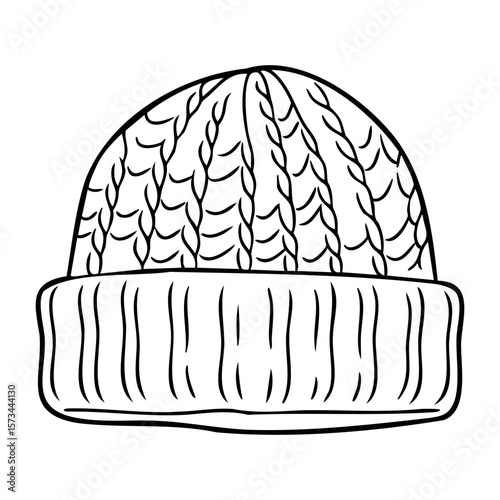 Hand-drawn knitted winter beanie outline with cable pattern. Vector hand-drawn doodle illustration