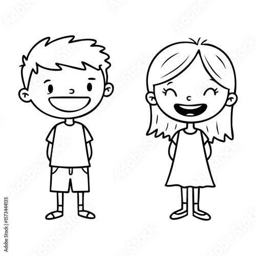 Cartoon illustration of smiling caucasian boy and girl children standing. Vector hand-drawn doodle illustration