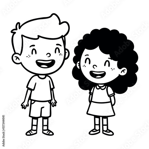 Cartoon of smiling caucasian boy and hispanic girl kids together. Vector hand-drawn doodle illustration