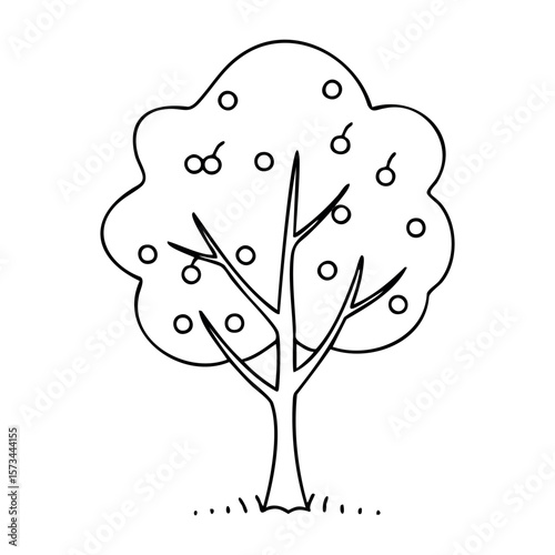 Simple outline drawing of an apple tree with minimalistic design. Vector hand-drawn doodle illustration