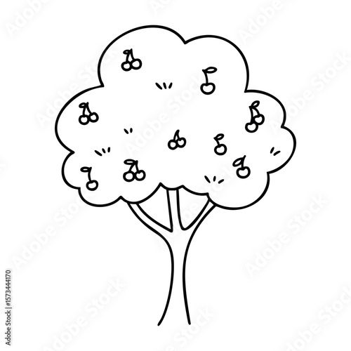 Simple cherry tree line drawing with fruit details. Vector hand-drawn doodle illustration