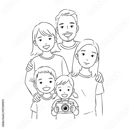 Cartoon family portrait with smiling father, mother, and three children holding camera. Vector hand-drawn doodle illustration