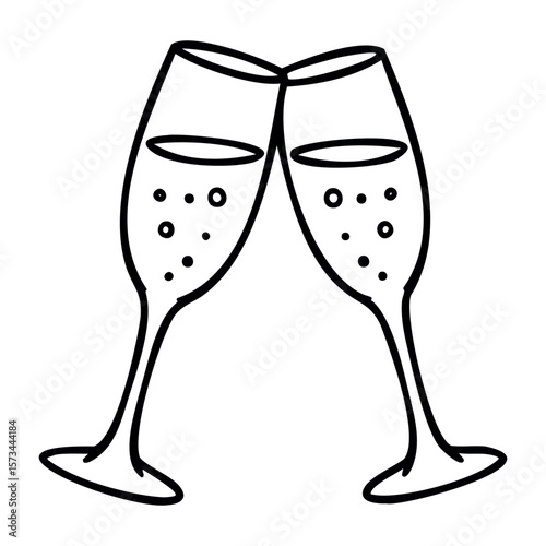 Two champagne glasses clinking in celebration. Vector hand-drawn doodle illustration