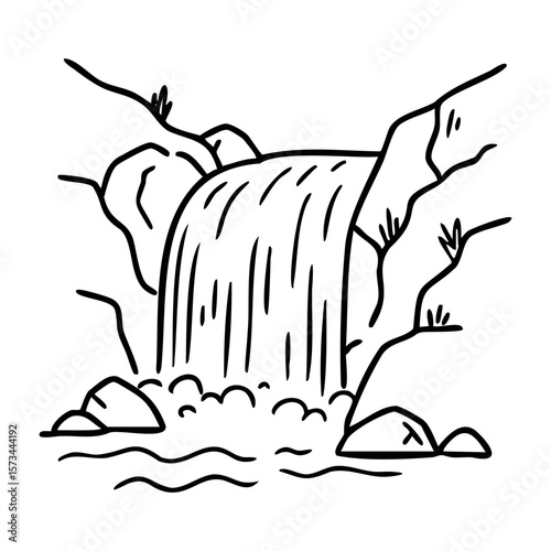 Black and white line art of a waterfall cascading over rocks. Vector hand-drawn doodle illustration