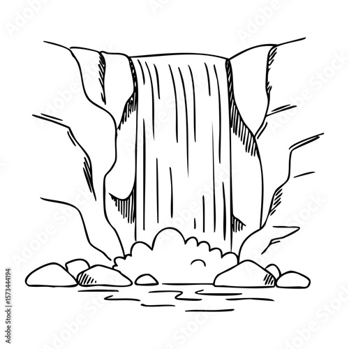 Hand-drawn waterfall sketch with flowing water and rocks. Vector hand-drawn doodle illustration