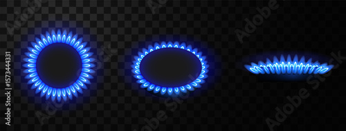 Realistic blue gas burner flames set on transparent background